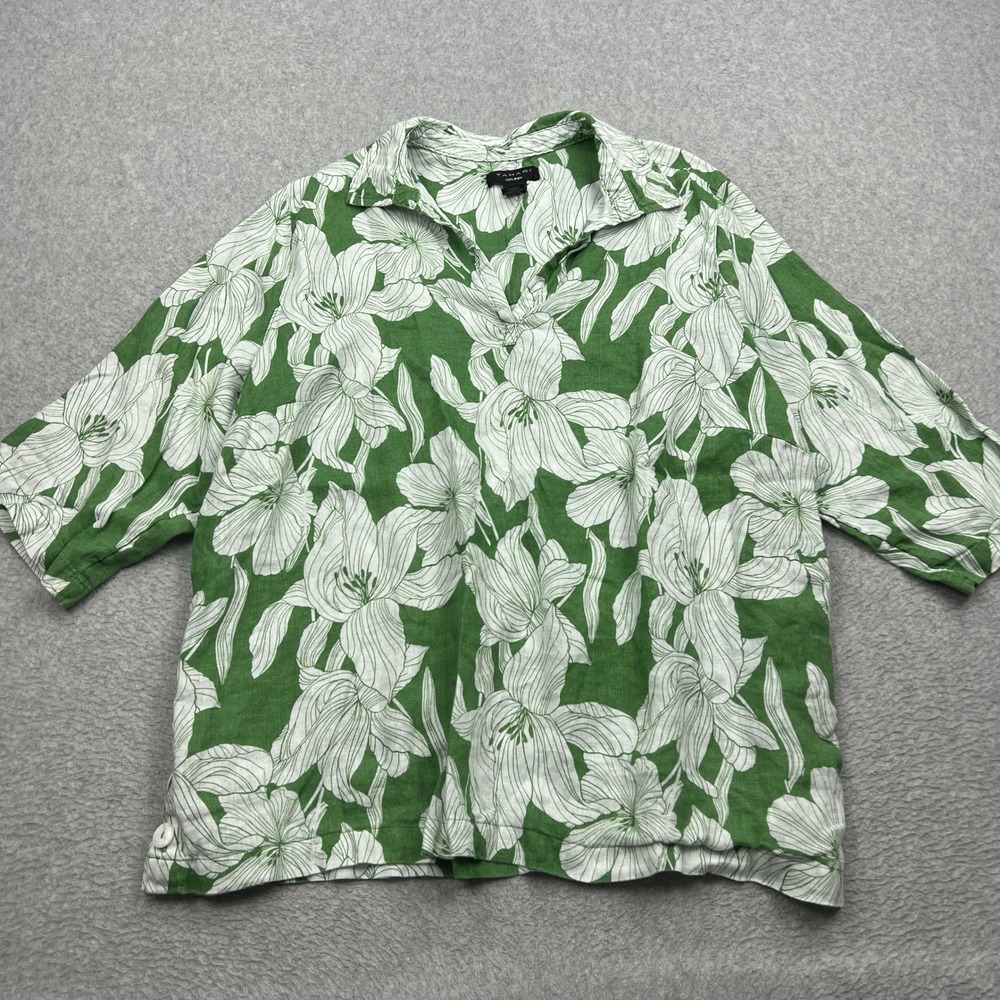 Tahari Shirt Womens 2X Green Floral 100% Linen V-Neck 3/4 Sleeve Relaxed Tunic